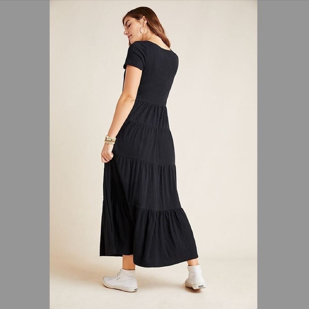 Maeve Anthropologie Gillian Tiered Maxi Dress Short Sleeve Black Small Boho - Picture 2 of 12
